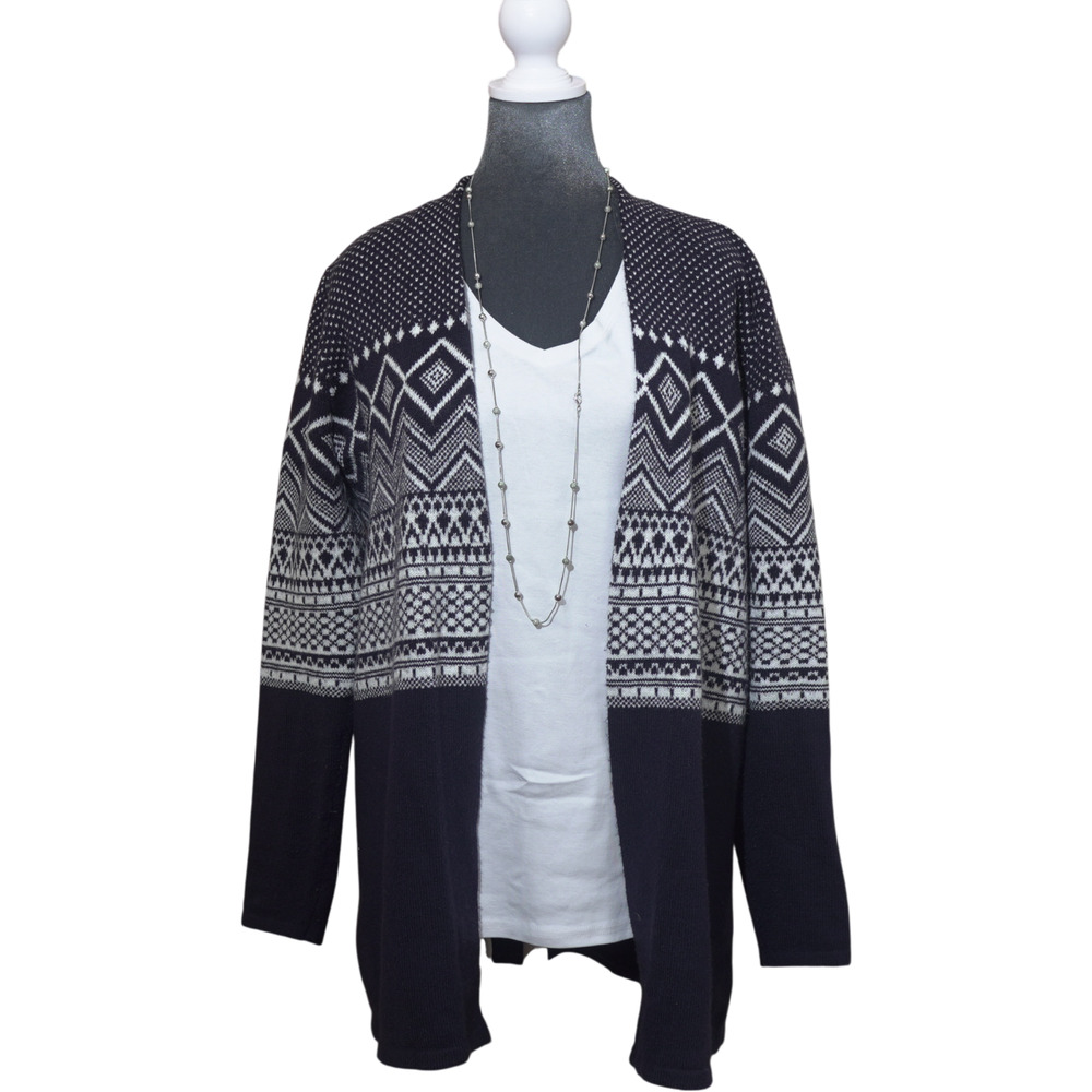 Talbots Cardigan Sweater Sz M Navy Nordic Fair Isle Cotton Blend Grandmacore EUC